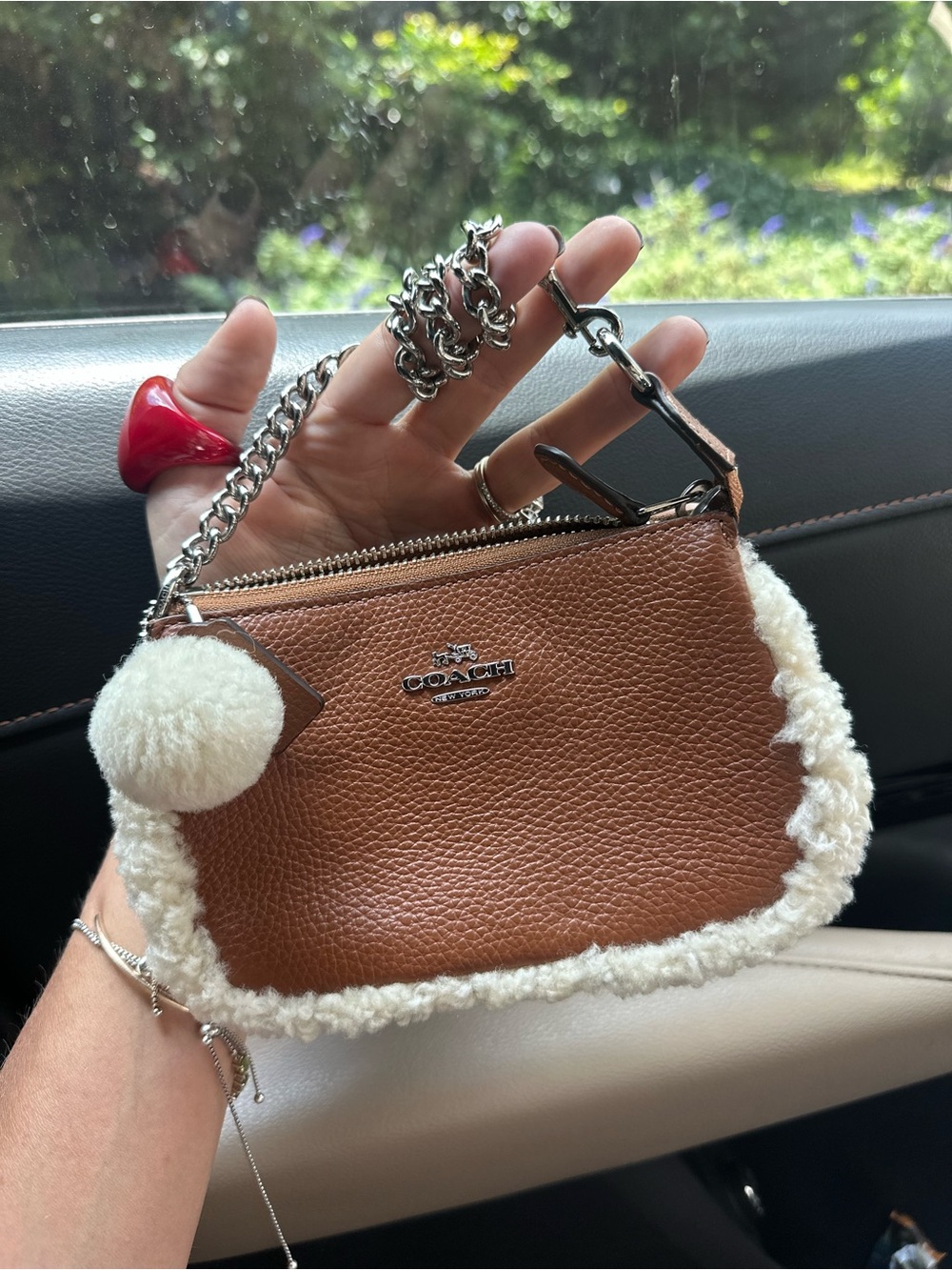 Coach Brown Shearling Trim Leather Wristlet
